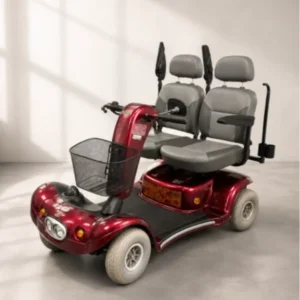 Shoprider 889DXD Duo – Tweedehands Bordeaux Rood Voorzijde Links Zijde